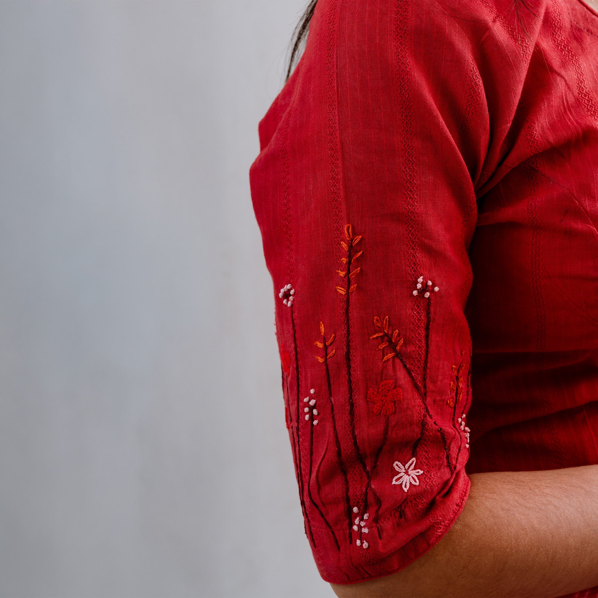 Red GardenX Cotton Blouse: Hand Embroidery & Princess Cut Design