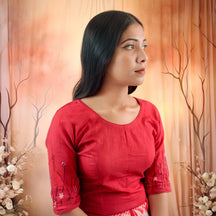 Red GardenX Cotton Blouse: Hand Embroidery & Princess Cut Design