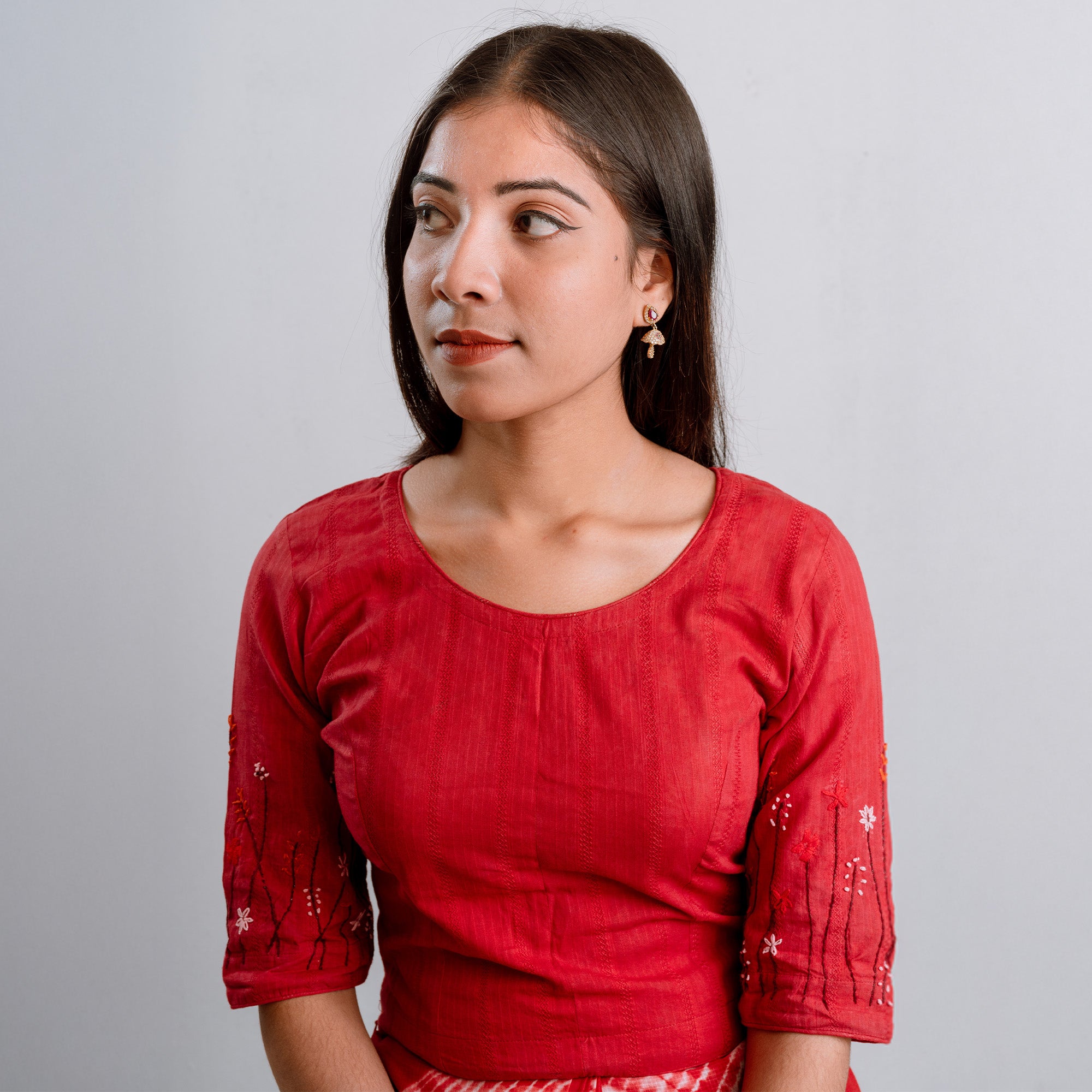 Red GardenX Cotton Blouse: Hand Embroidery & Princess Cut Design