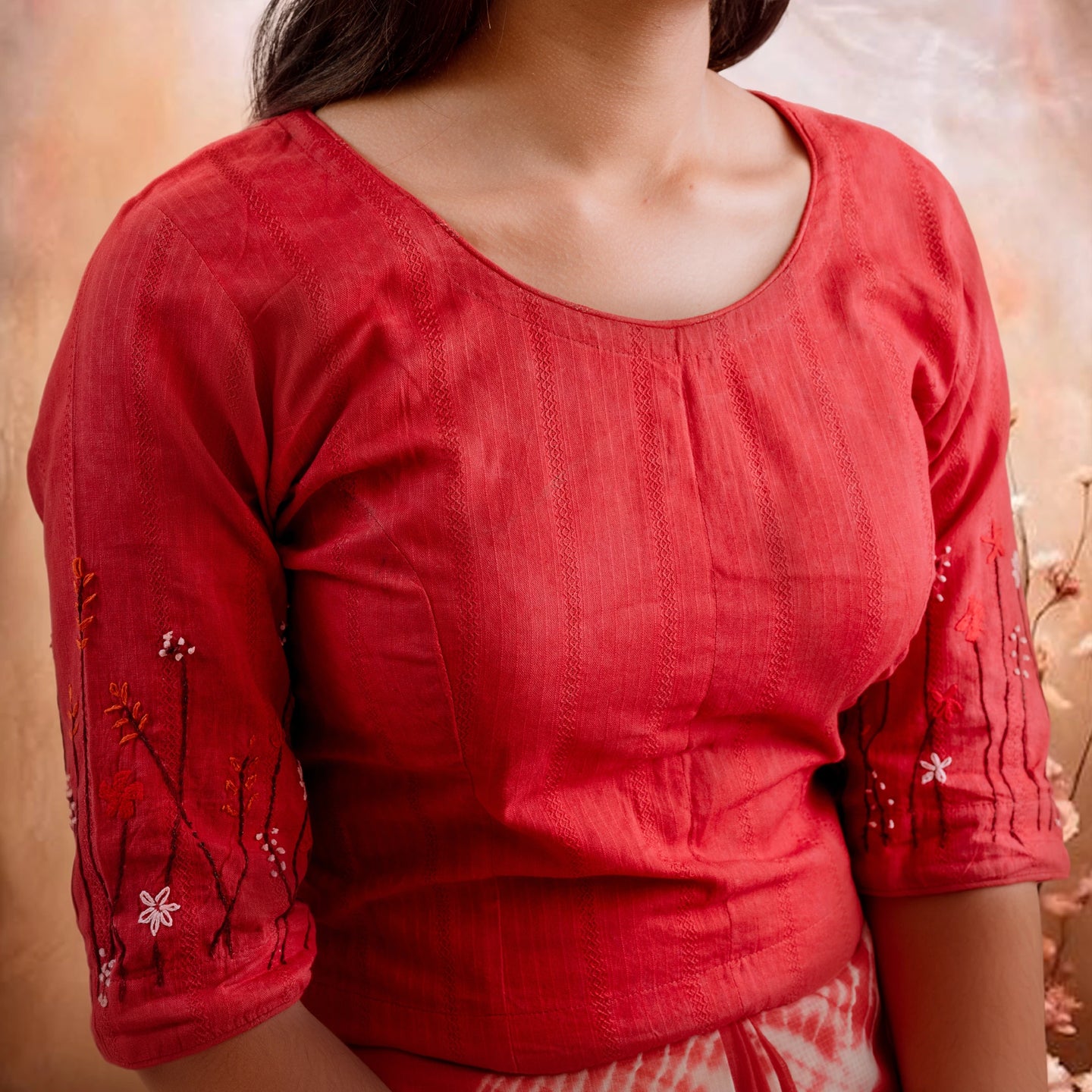 Red GardenX Cotton Blouse: Hand Embroidery & Princess Cut Design