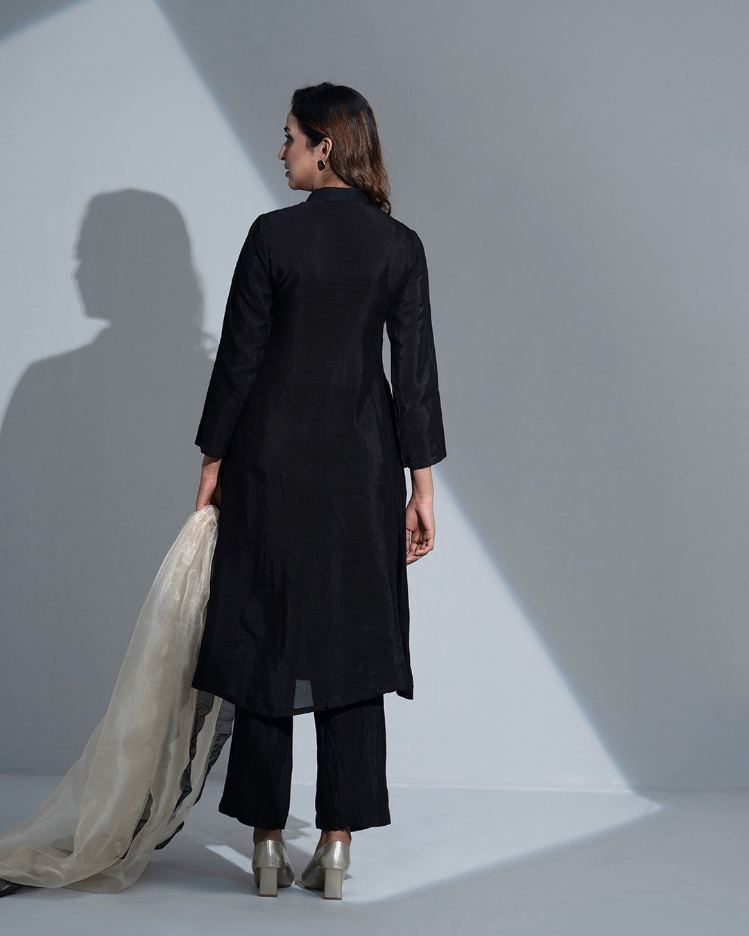 RegaliaX Black Silk 3-Piece Suit: Golden Block Print with Organza Dupatta