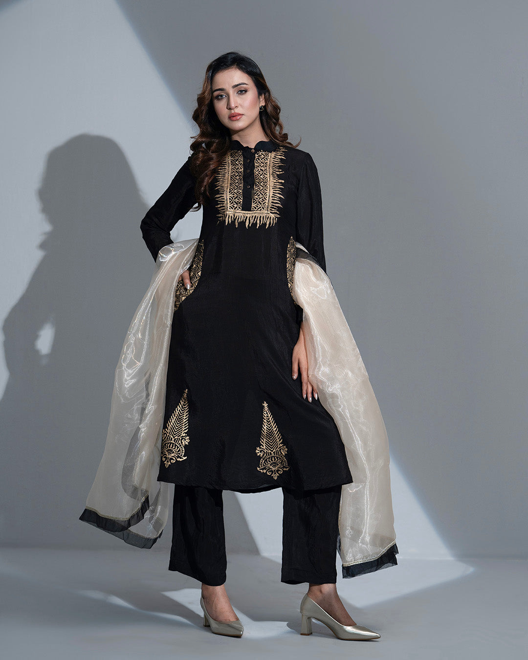 RegaliaX Black Silk 3-Piece Suit: Golden Block Print with Organza Dupatta