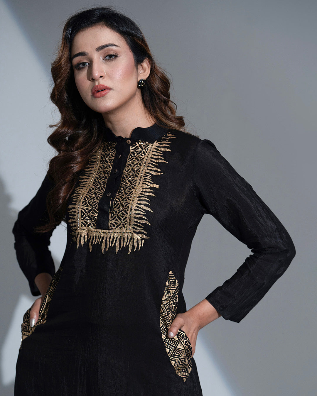 RegaliaX Black Silk 3-Piece Suit: Golden Block Print with Organza Dupatta