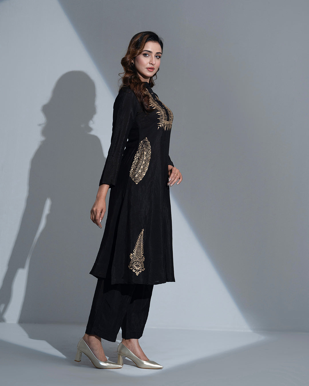 RegaliaX Black Silk 3-Piece Suit: Golden Block Print with Organza Dupatta