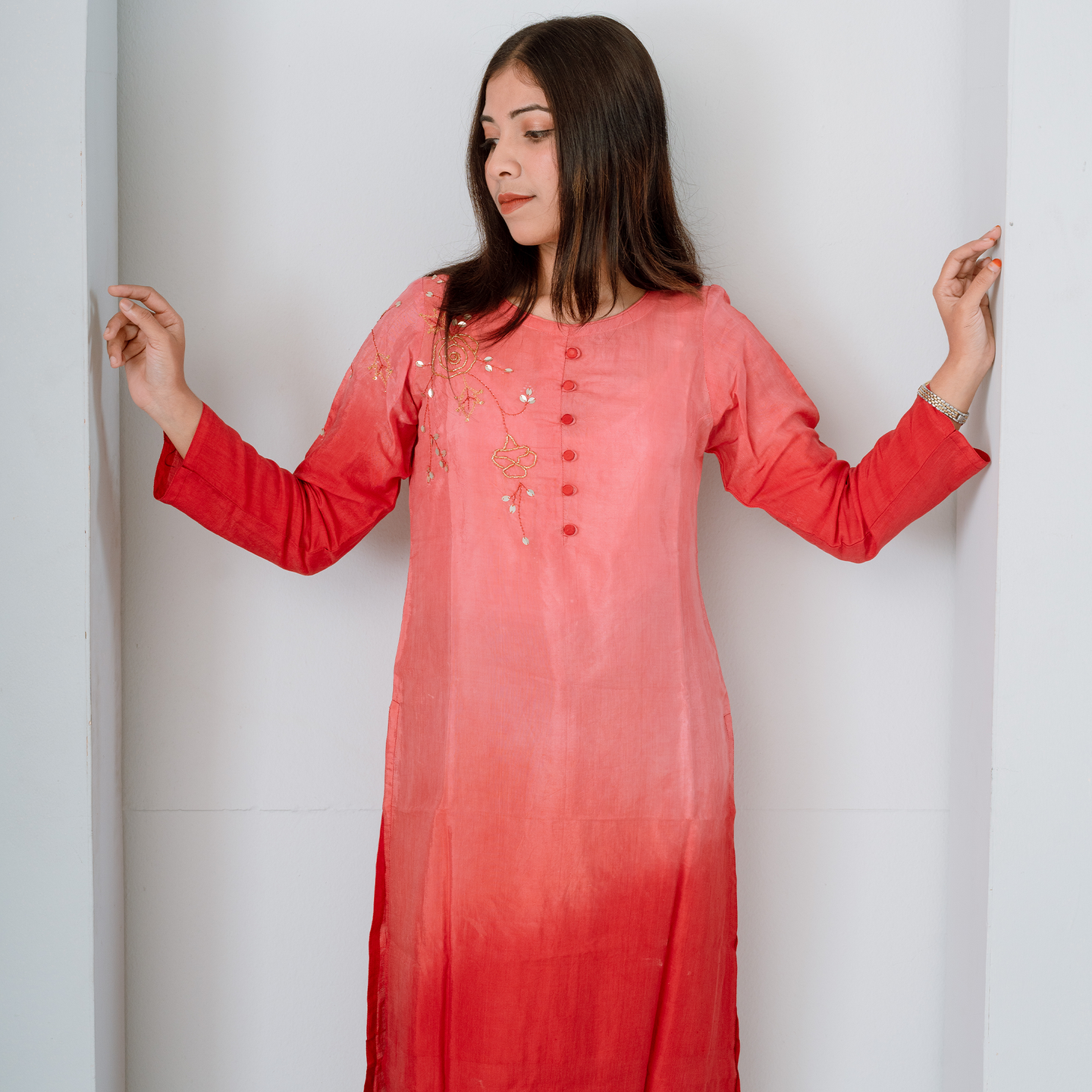 Ruby DutchesX Kurti: Premium Silk with Two-Shade Dye & Karchupi Work