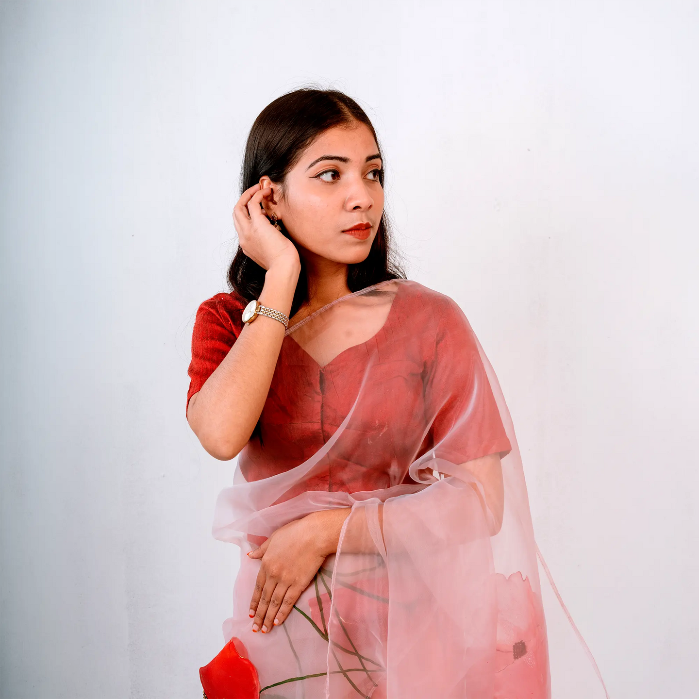 Premium ScarletX Organza Saree (Winterberry Red)