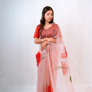 Premium ScarletX Organza Saree (Winterberry Red)