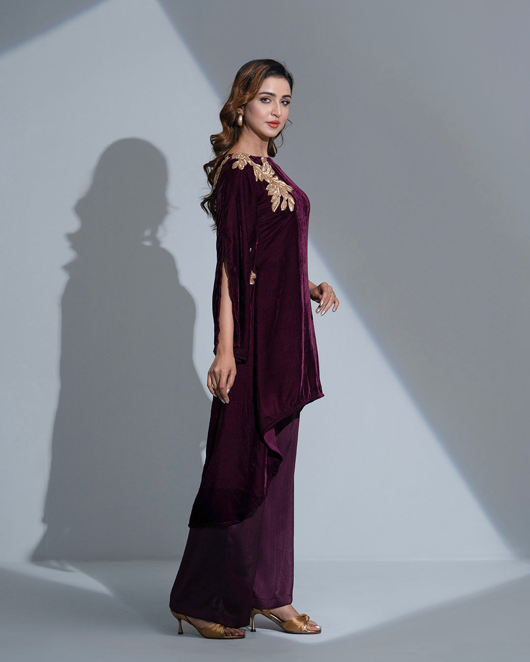ZarinaX 3-Piece Suit: Damson Velvet, Golden Karchupi, and Wide-Leg Silk Pants