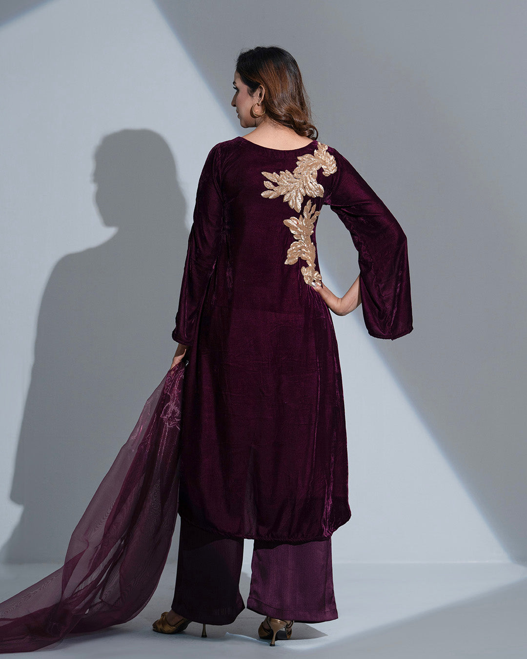 ZarinaX 3-Piece Suit: Damson Velvet, Golden Karchupi, and Wide-Leg Silk Pants