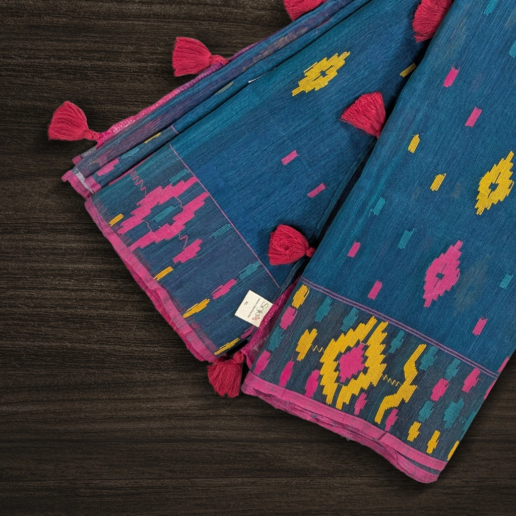 Rich Teal Handloom Dhakai Jamdani Saree: Soft Texture, Ethnic Motifs