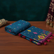 Rich Teal Handloom Dhakai Jamdani Saree: Soft Texture, Ethnic Motifs