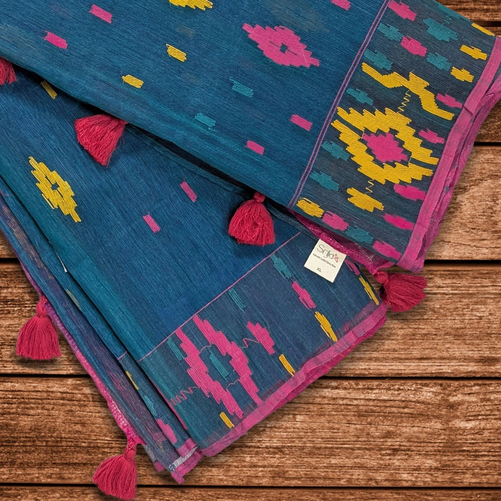Rich Teal Handloom Dhakai Jamdani Saree: Soft Texture, Ethnic Motifs