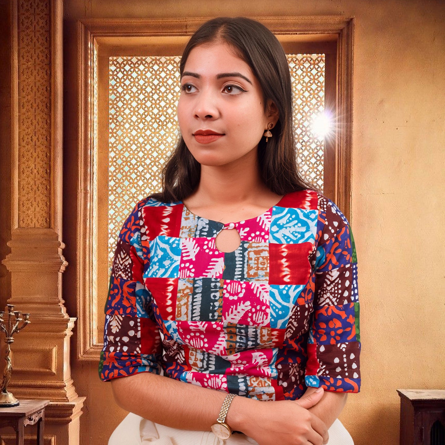 PaletteX Cotton Blouse: Mixed Patchwork & Boat Neck