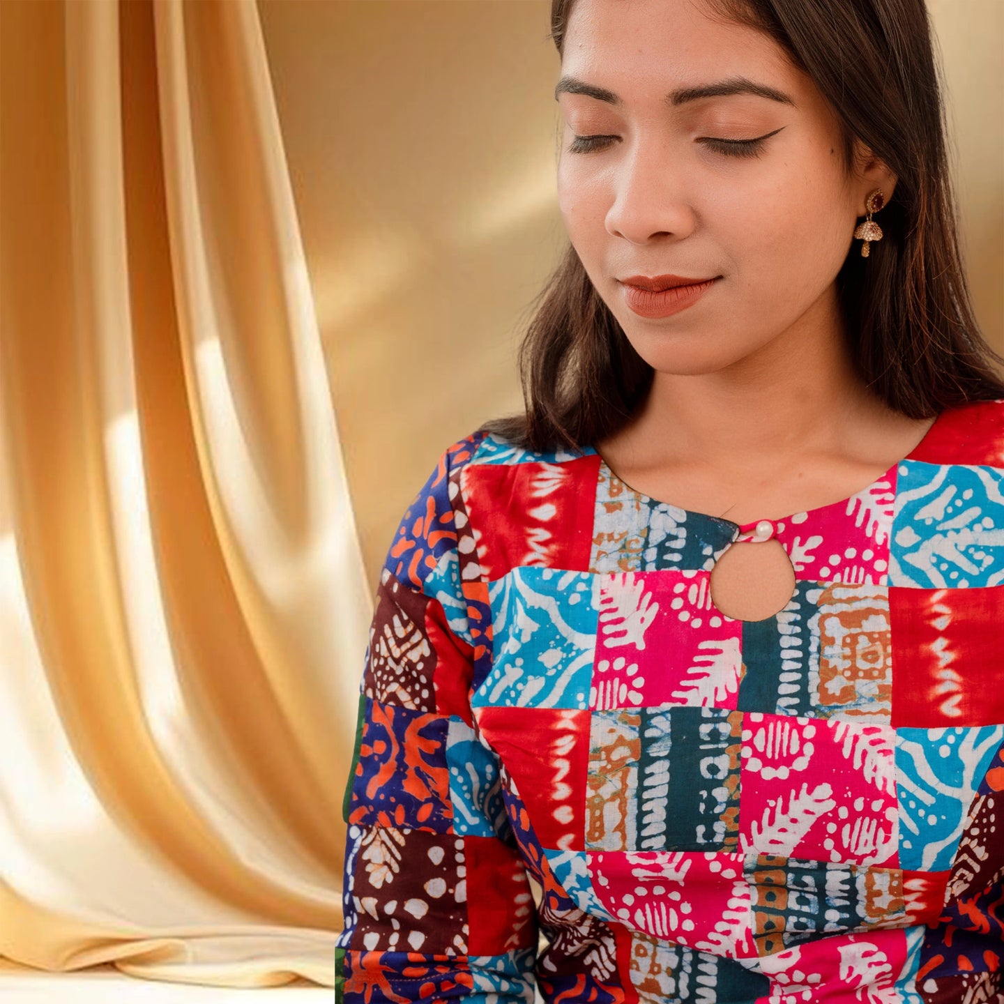 PaletteX Cotton Blouse: Mixed Patchwork & Boat Neck