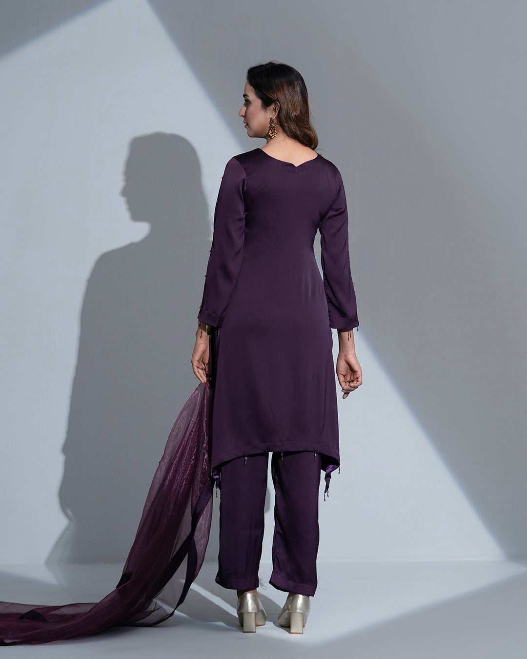 VelouraX 3-Piece Set: Rich Damson Silk, U-Shaped Hem, and Organza Dupatta