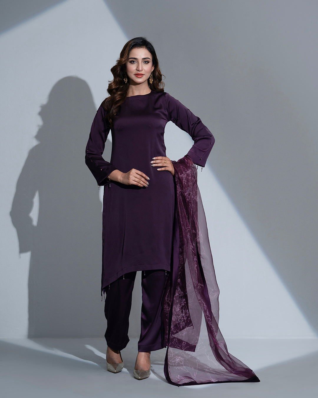 VelouraX 3-Piece Set: Rich Damson Silk, U-Shaped Hem, and Organza Dupatta