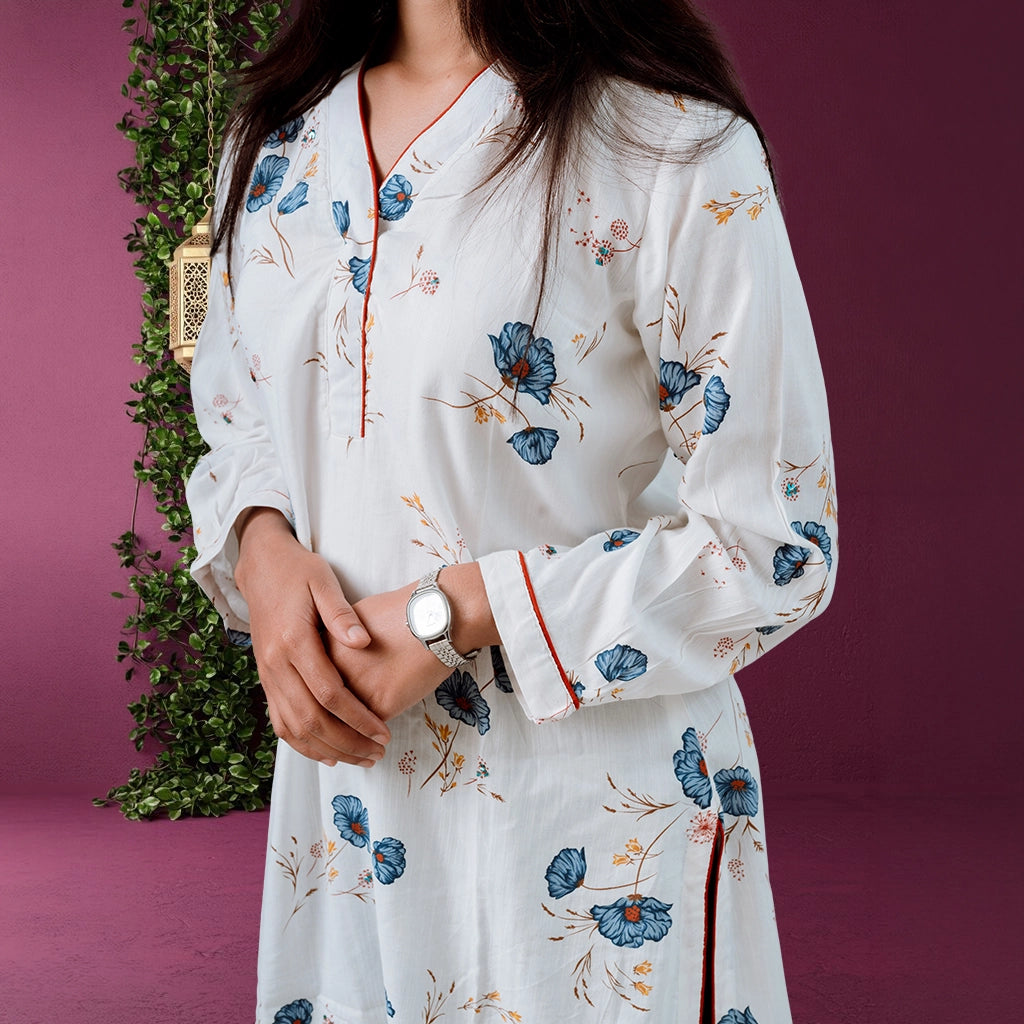 White BloomX Kurti: Soft Cotton with Floral Print & Sequin Detail