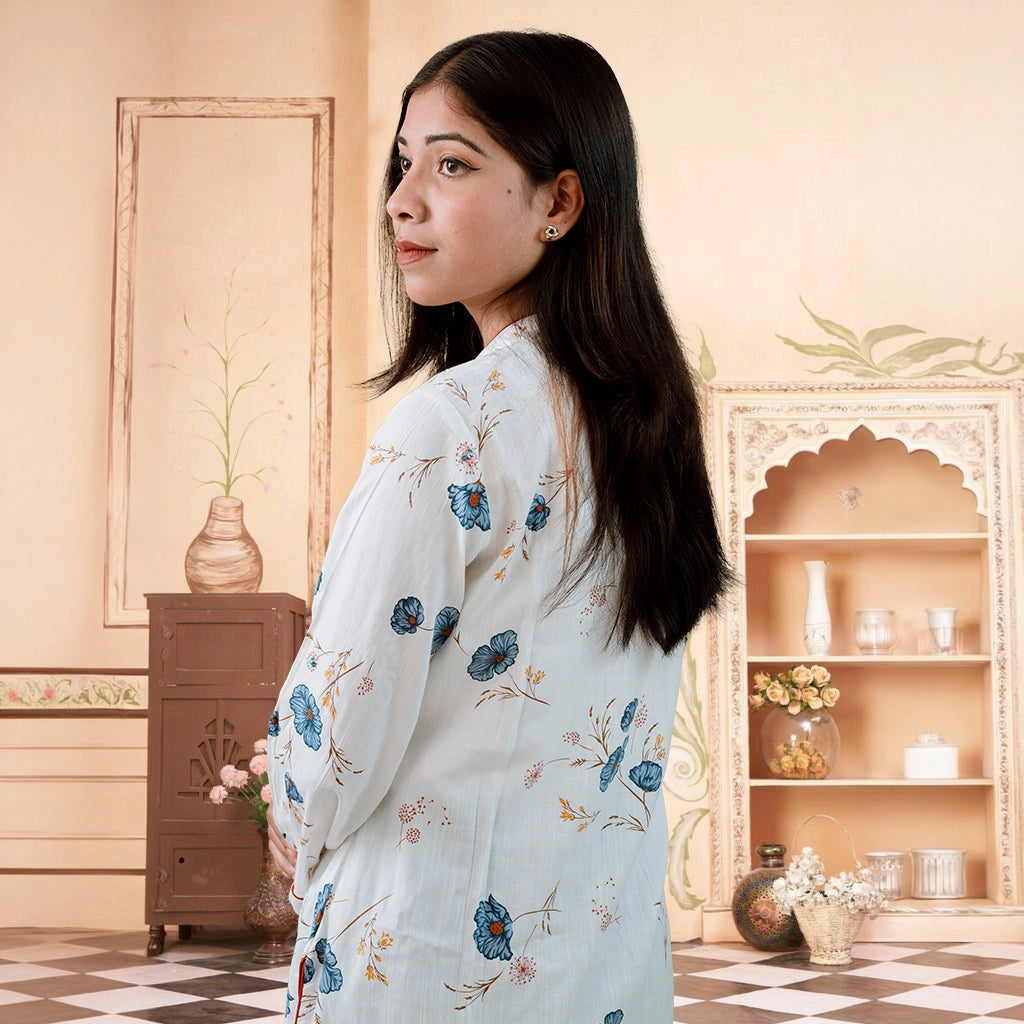 White BloomX Kurti: Soft Cotton with Floral Print & Sequin Detail