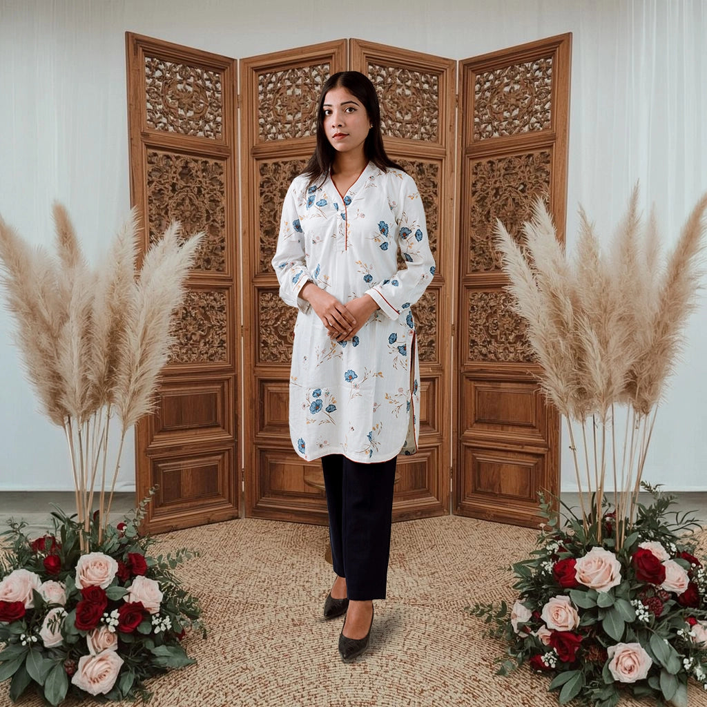 White BloomX Kurti: Soft Cotton with Floral Print & Sequin Detail