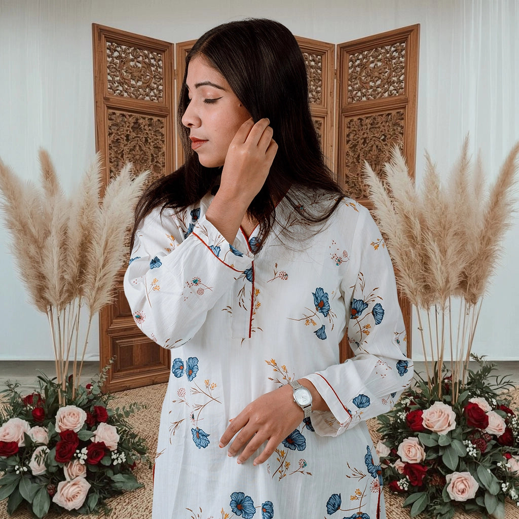 White BloomX Kurti: Soft Cotton with Floral Print & Sequin Detail