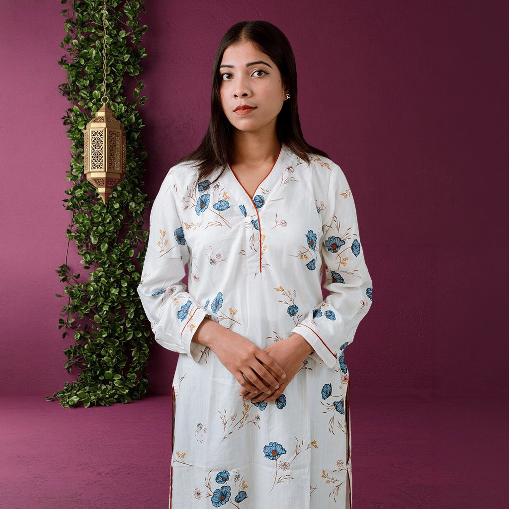 White BloomX Kurti: Soft Cotton with Floral Print & Sequin Detail