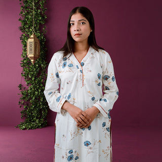 White BloomX Kurti: Soft Cotton with Floral Print & Sequin Detail