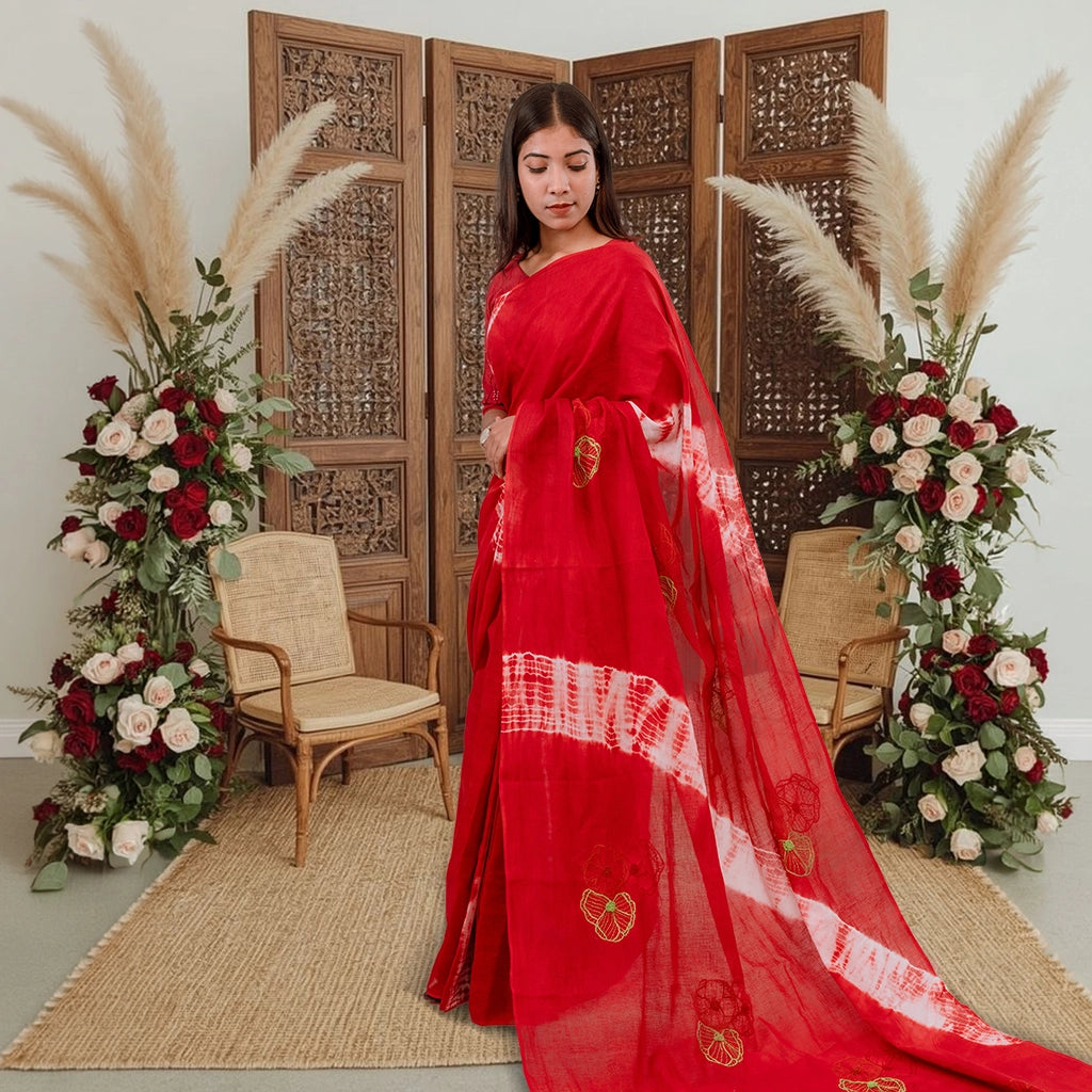 Boishakhi-Winter RoseX Hand Embroidered Saree (Red)