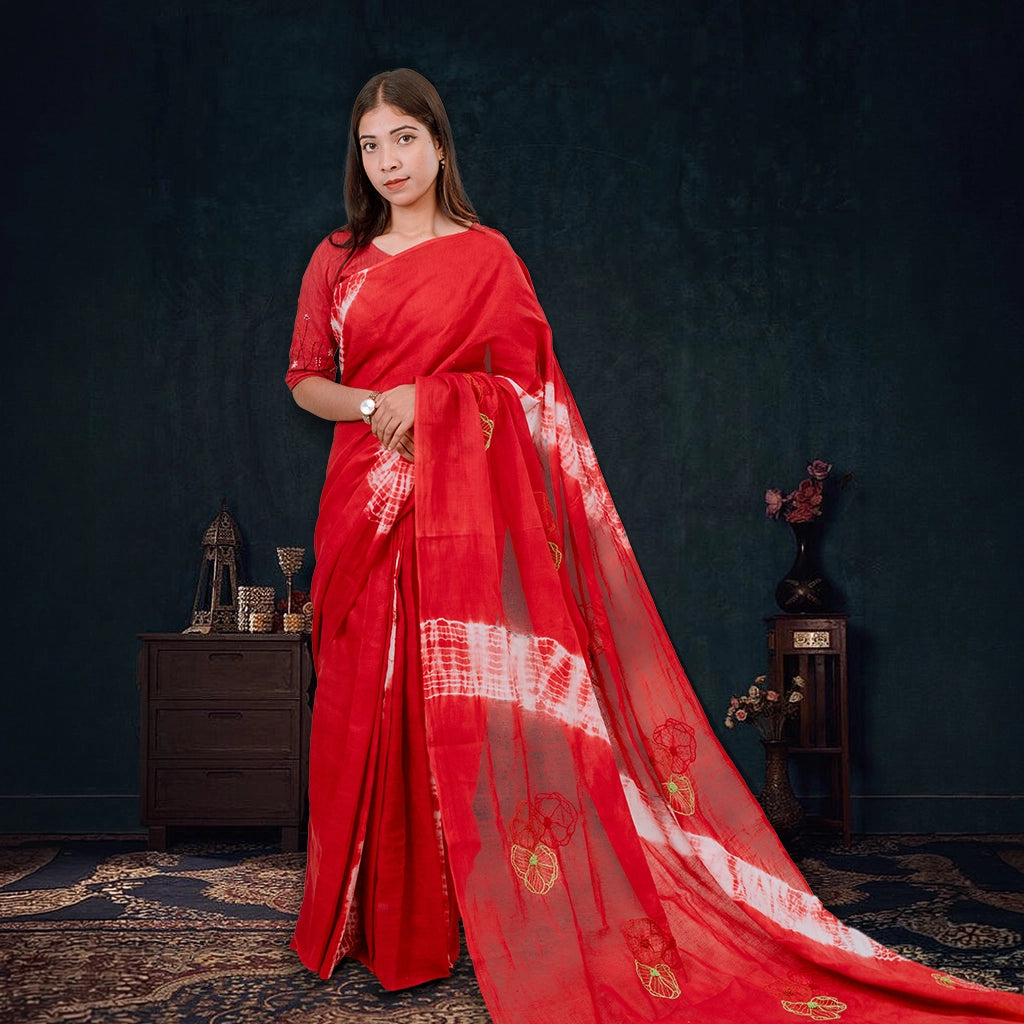 Boishakhi-Winter RoseX Hand Embroidered Saree (Red)