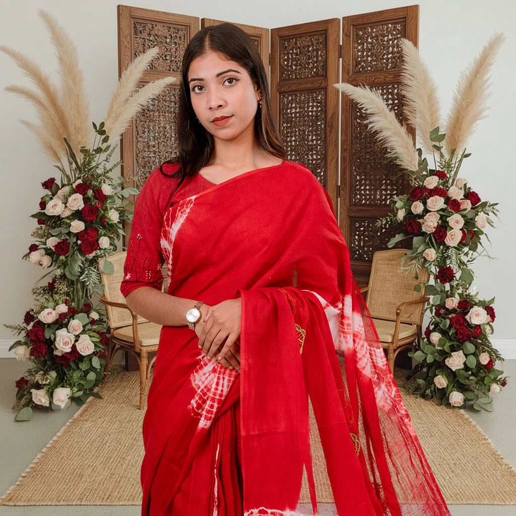 Boishakhi-Winter RoseX Hand Embroidered Saree (Red)
