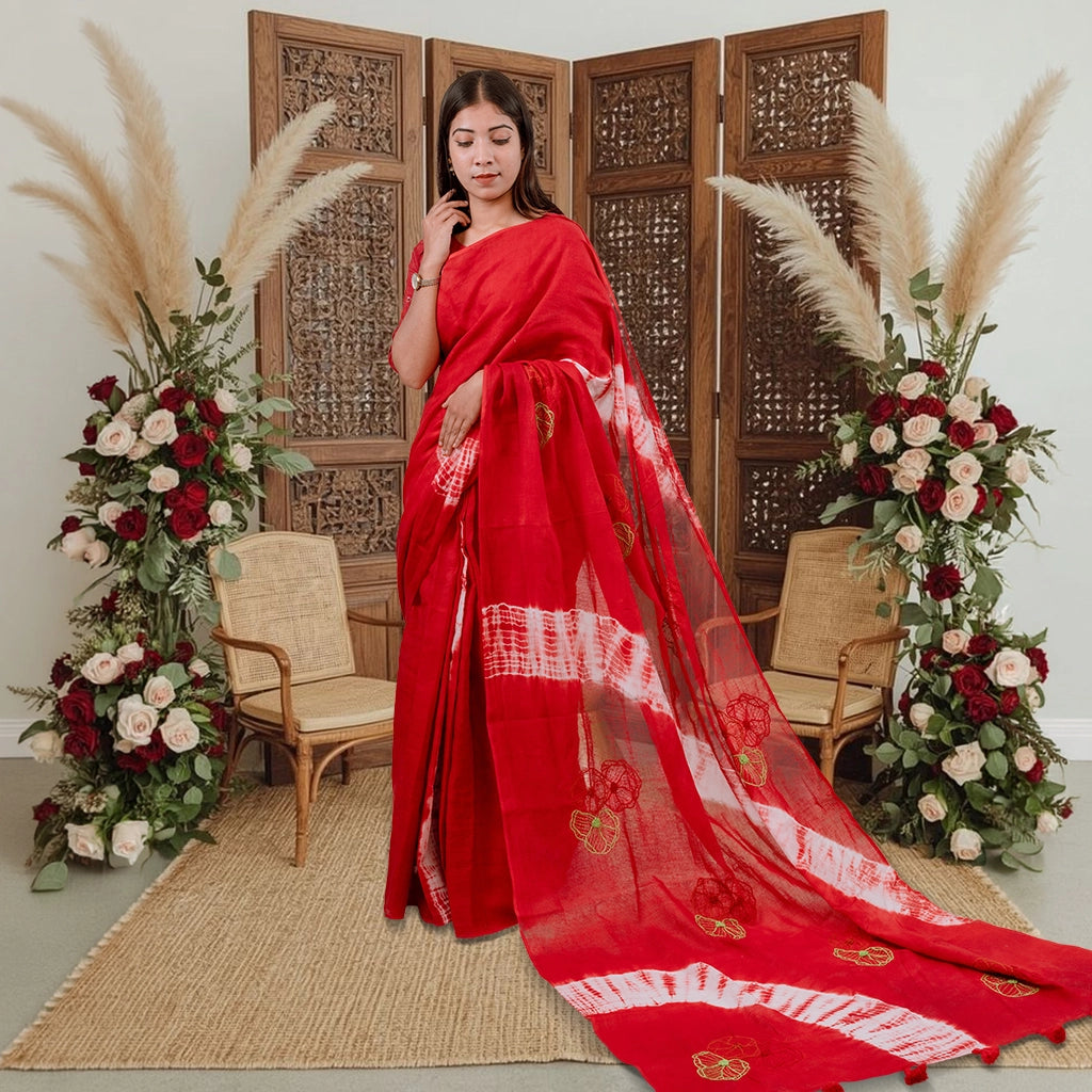 Boishakhi-Winter RoseX Hand Embroidered Saree (Red)
