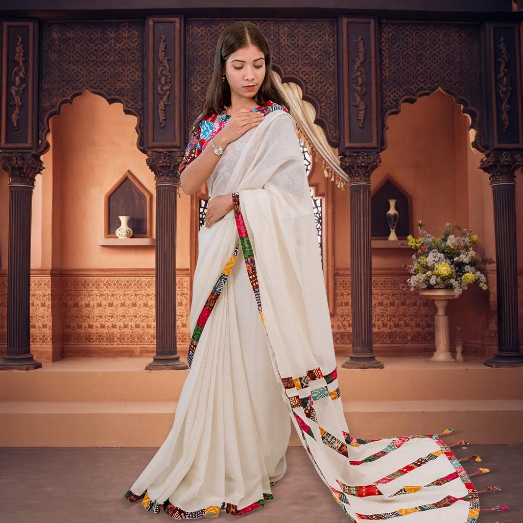 Boishakhi-Premium Woven PoetryX Patchwork Saree (Off-white)