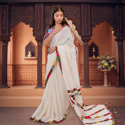 Premium Woven PoetryX Patchwork Saree (Off-white)