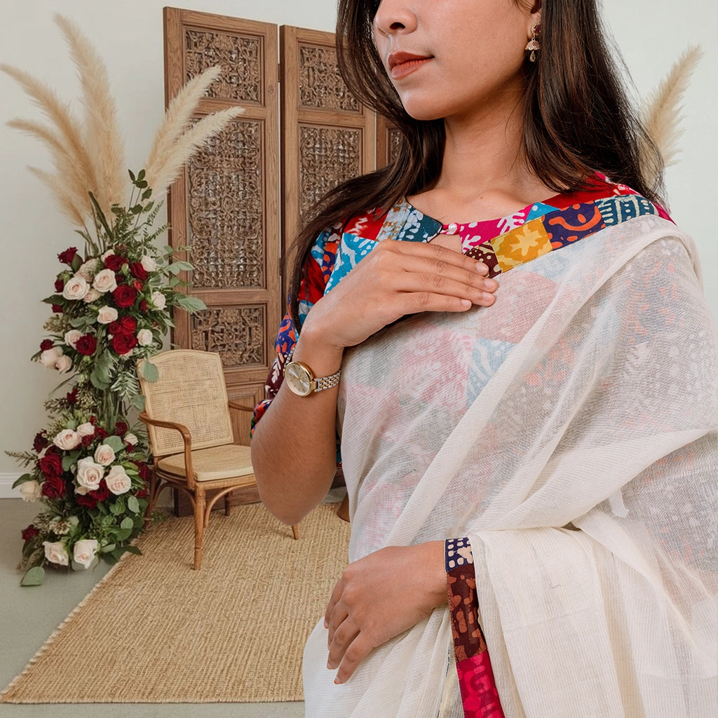 Boishakhi-Premium Woven PoetryX Patchwork Saree (Off-white)