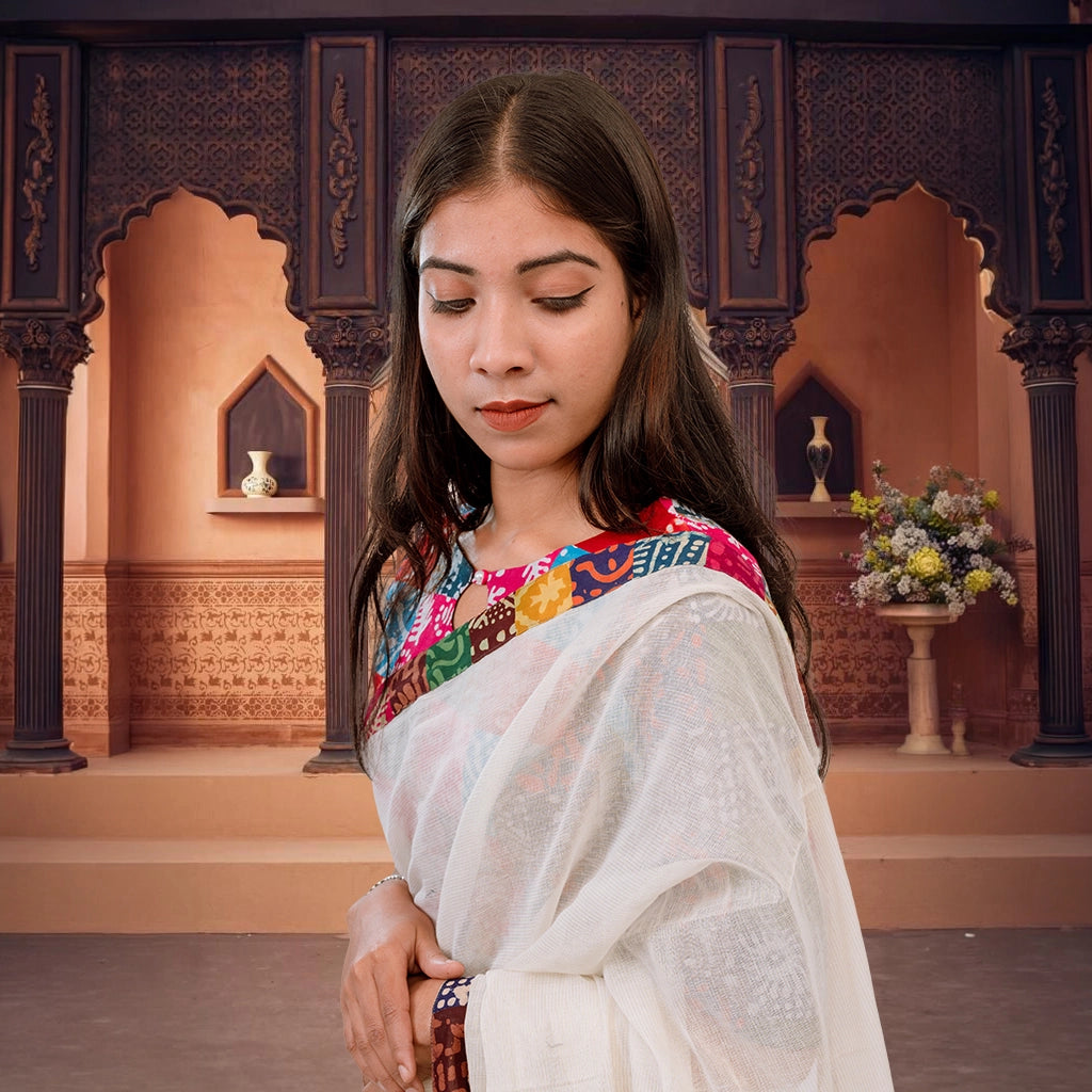 Premium Woven PoetryX Patchwork Saree (Off-white)