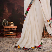 Premium Woven PoetryX Patchwork Saree (Off-white)