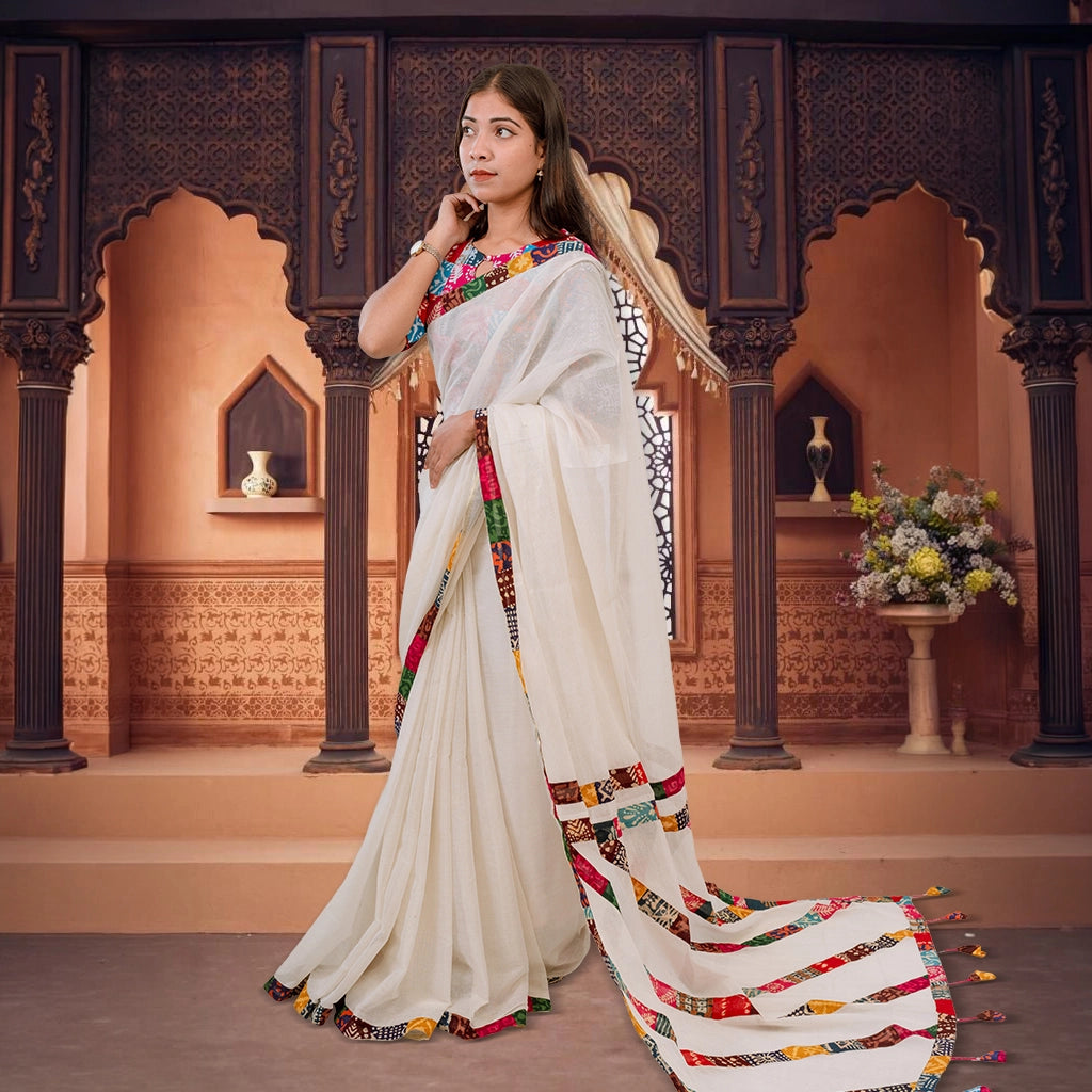 Premium Woven PoetryX Patchwork Saree (Off-white)