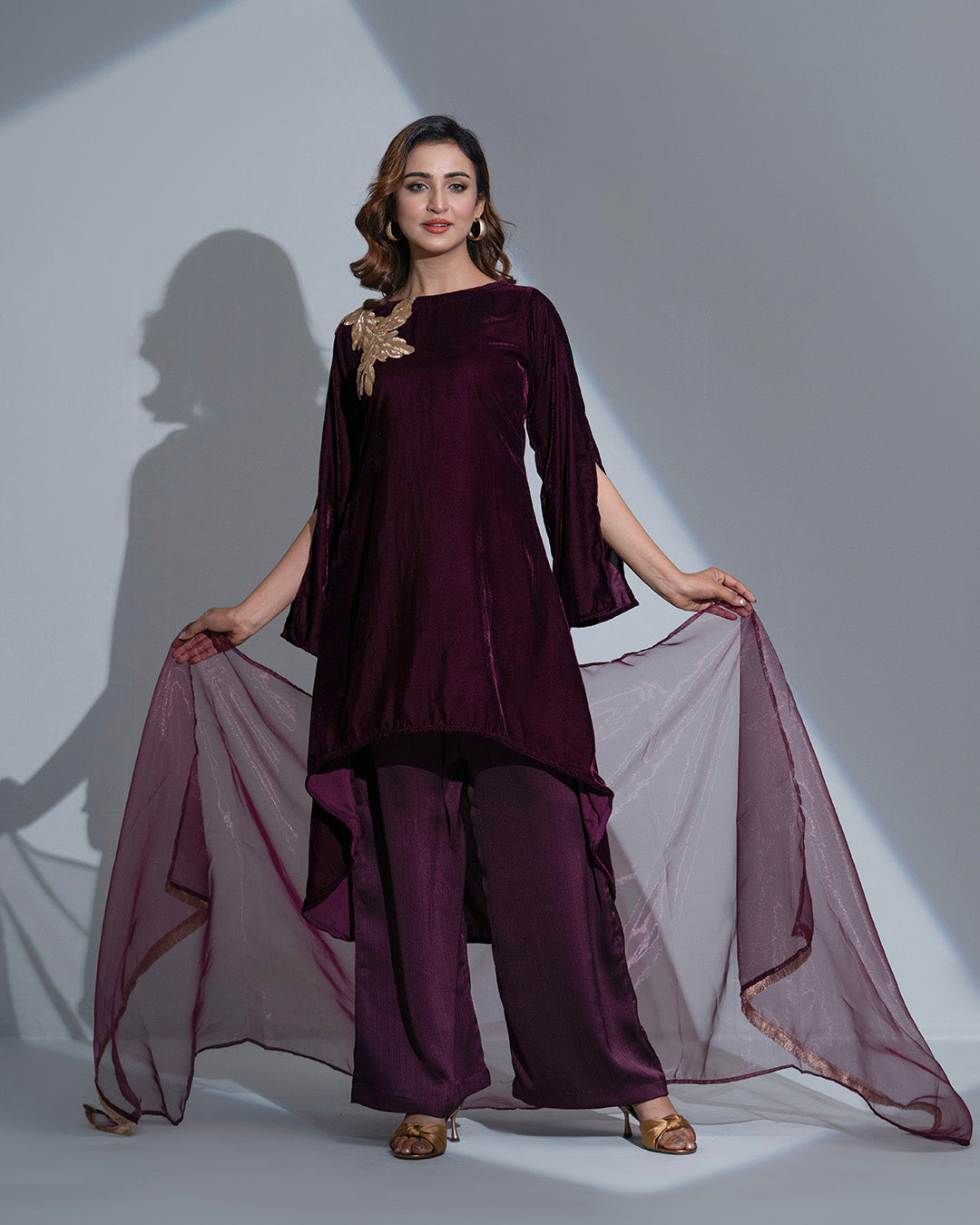 ZarinaX 3-Piece Suit: Damson Velvet, Golden Karchupi, and Wide-Leg Silk Pants