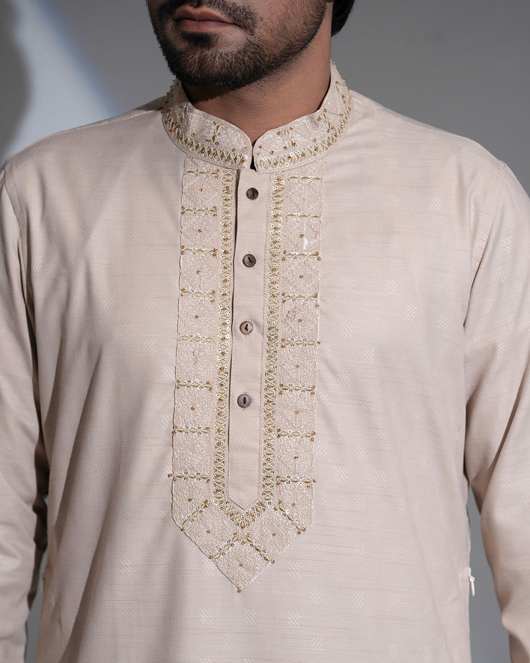 Imperial WeaveX Panjabi: Karchupi Embroidered Beige Jacquard