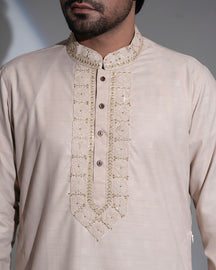 Imperial WeaveX Panjabi: Karchupi Embroidered Beige Jacquard