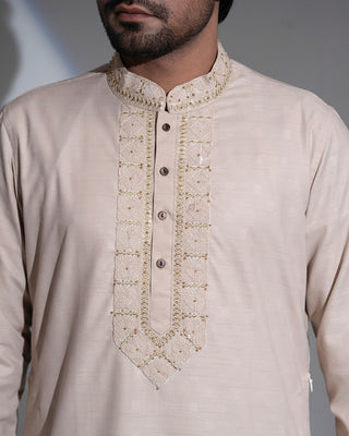 Imperial WeaveX Panjabi: Karchupi Embroidered Beige Jacquard