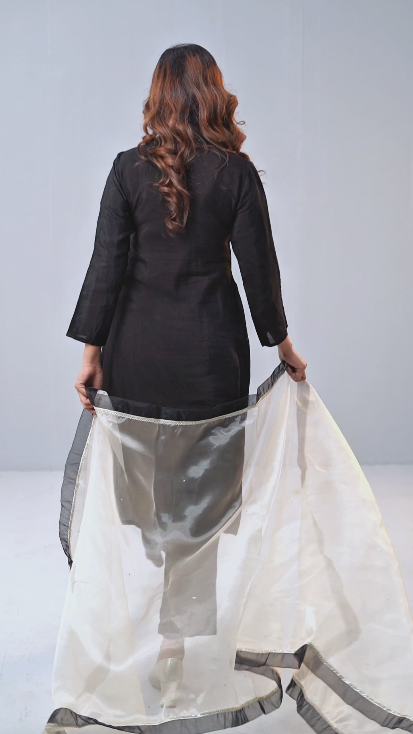 RegaliaX Black Silk 3-Piece Suit: Golden Block Print with Organza Dupatta