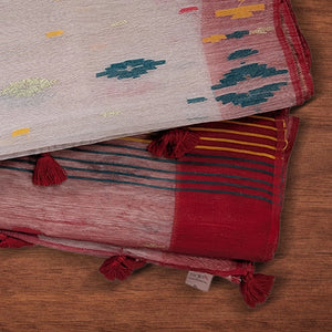 Red and White Handloom Dhakai Jamdani Saree: Classic Weave, Traditional Motifs