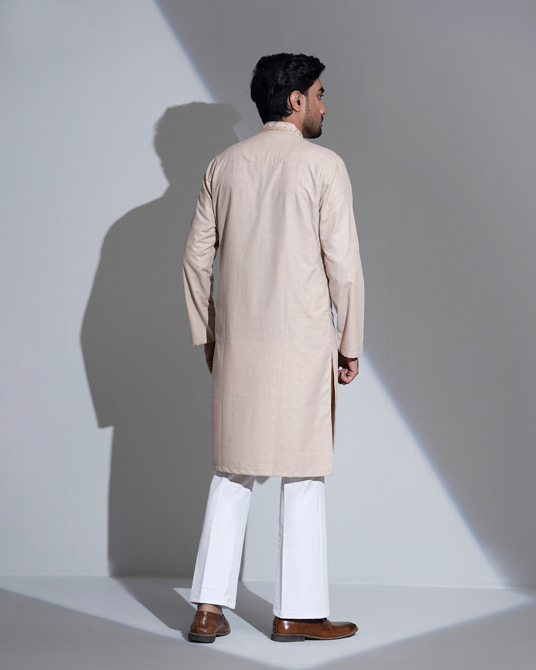 Imperial WeaveX Panjabi: Karchupi Embroidered Beige Jacquard