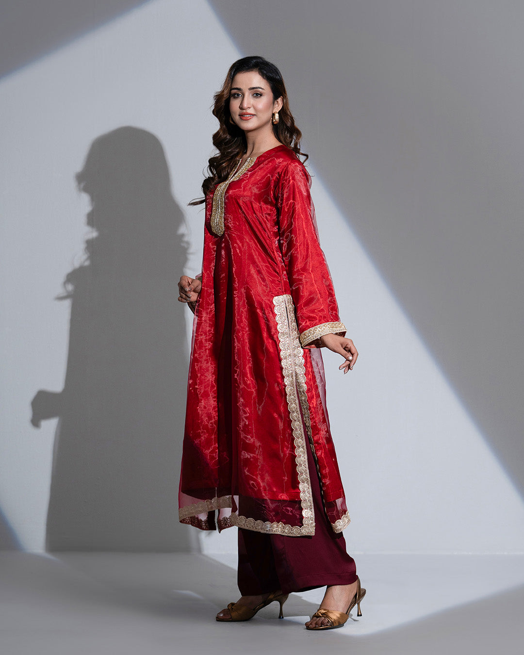 JuiietX 3-Piece Suit: Sheer Maroon Organza, Delicate Lace, and Golden Jari