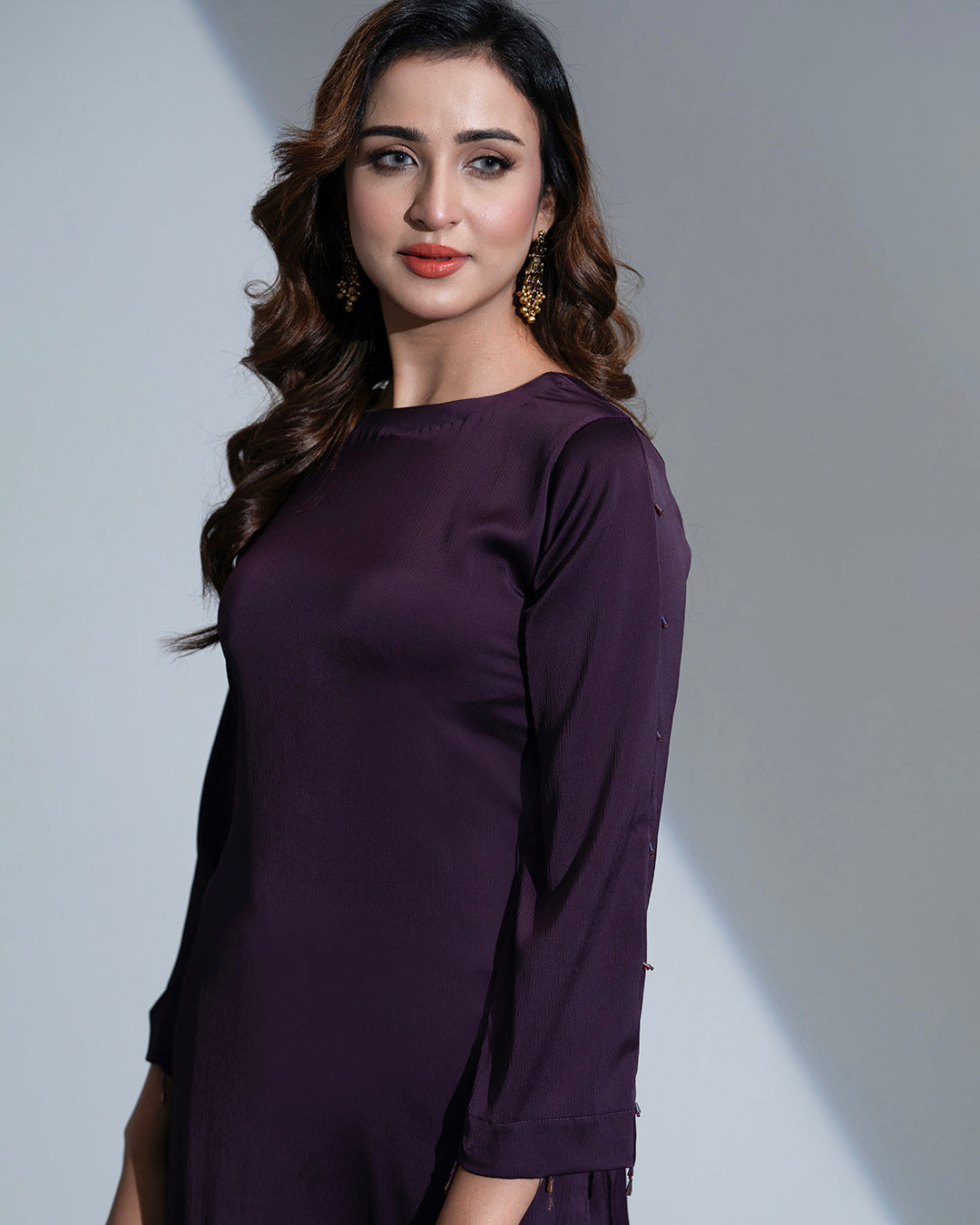 VelouraX 3-Piece Set: Rich Damson Silk, U-Shaped Hem, and Organza Dupatta